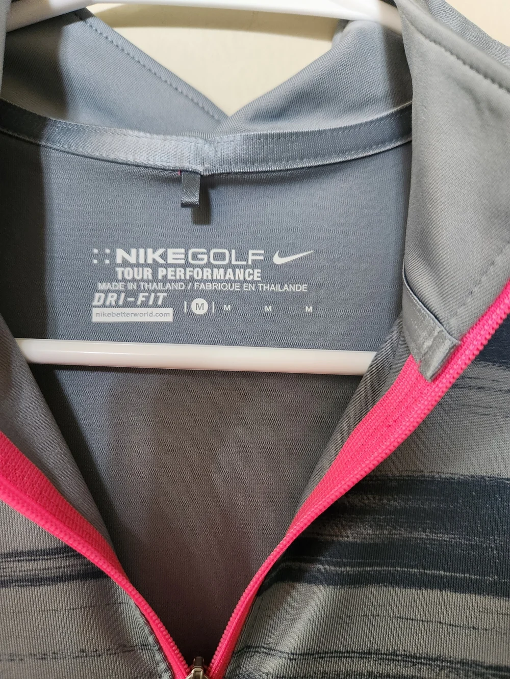 Nike Women’s Gray Stripe Short-Sleeve Golf Polo with Pink Zip